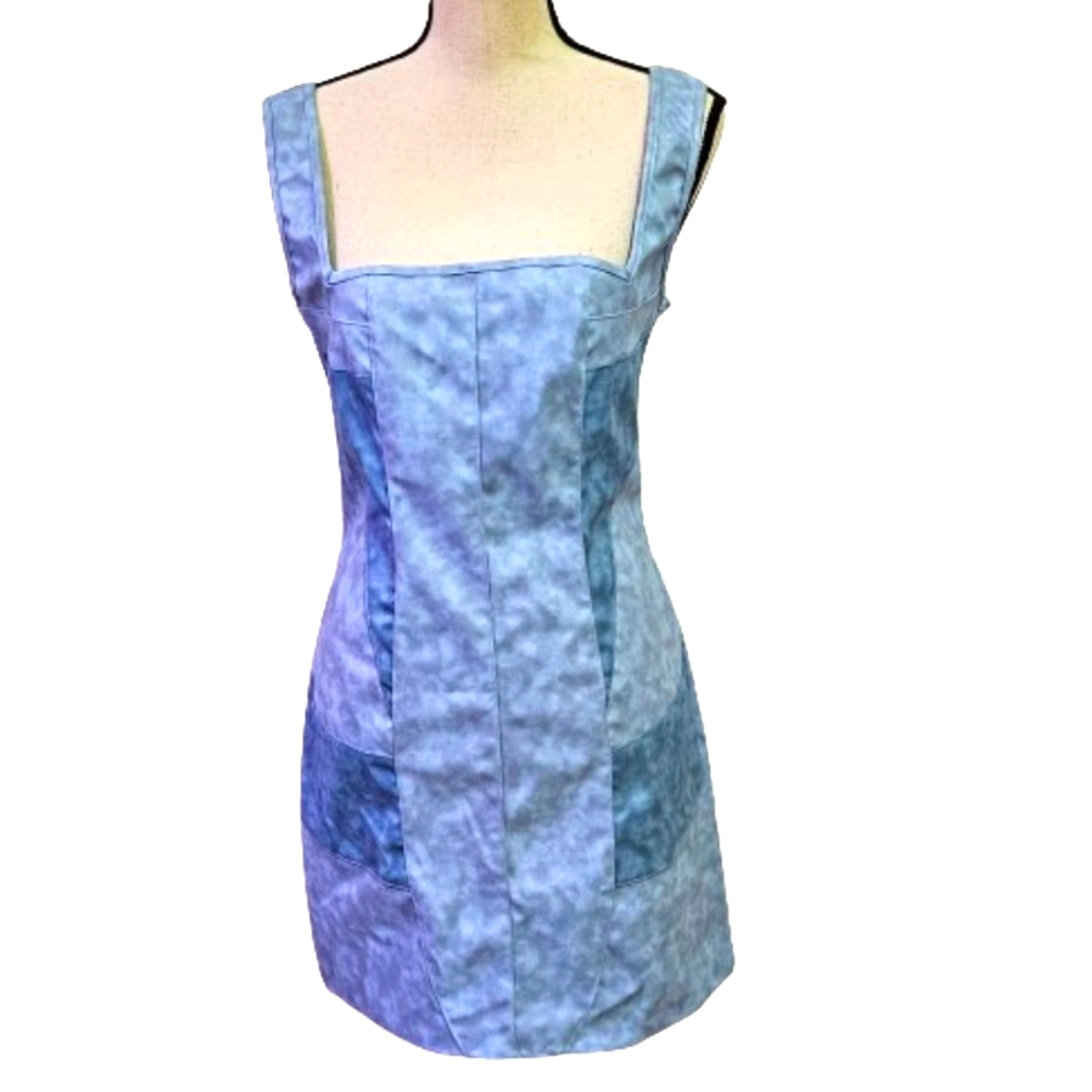 Pretty Little Thing Blue Contrast Panel Faux Leather Bodycon Dress, Size 10,NWT